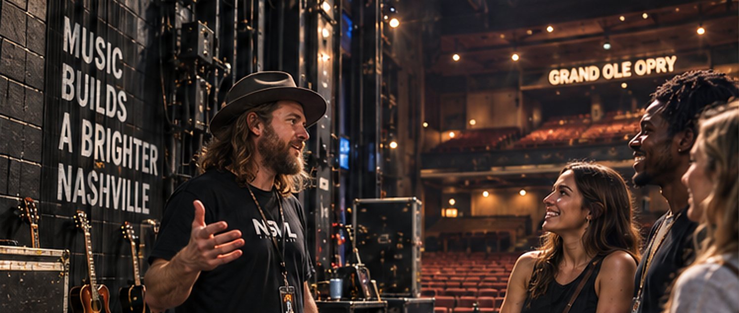Illustration: a guide talking with visitors backstage at a historic music hall.