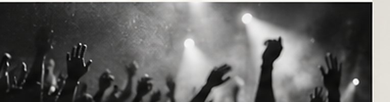 Illustration: raised hands in a concert crowd under stage lights, in black and white.
