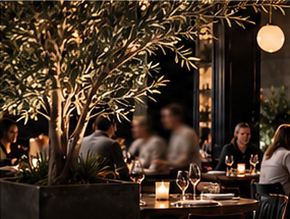 Illustration: a candlelit dining room with an olive tree and tables of diners.