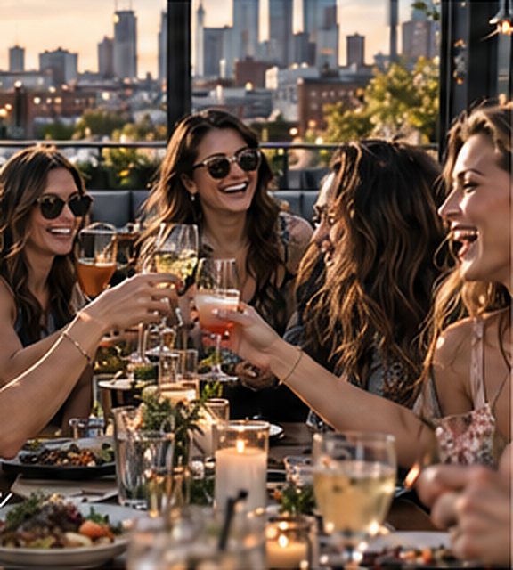 Illustration: friends raising glasses at a rooftop dinner.