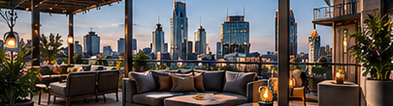 Illustration: a rooftop terrace with sofas and lanterns overlooking the city at dusk.
