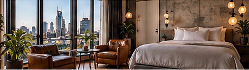 Illustration: a hotel room corner with leather chairs, a bed and skyline windows.