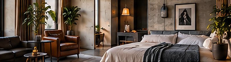Illustration: a hotel suite with a leather armchair, artwork and a bed.