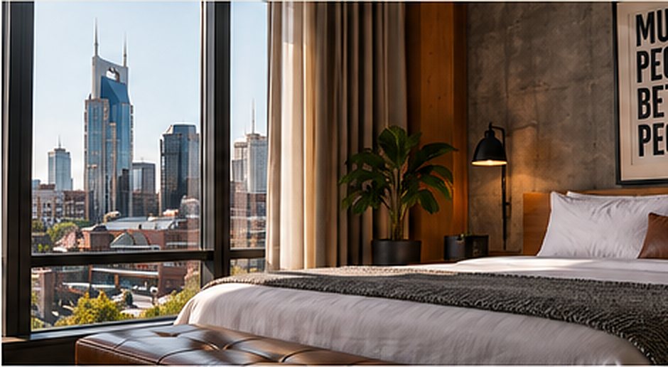 Illustration: a hotel room with a made bed facing a city skyline.