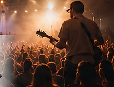 Illustration: a guitarist on stage over a crowd in warm stage light.