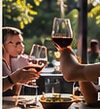 Illustration: friends sharing a bottle of wine at a sunny lunch table.