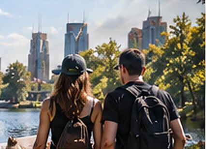 Illustration: two people walking a riverside park path with the skyline ahead.