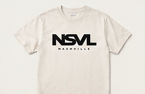 Illustration: paper-white tee with a charcoal NSVL mark.