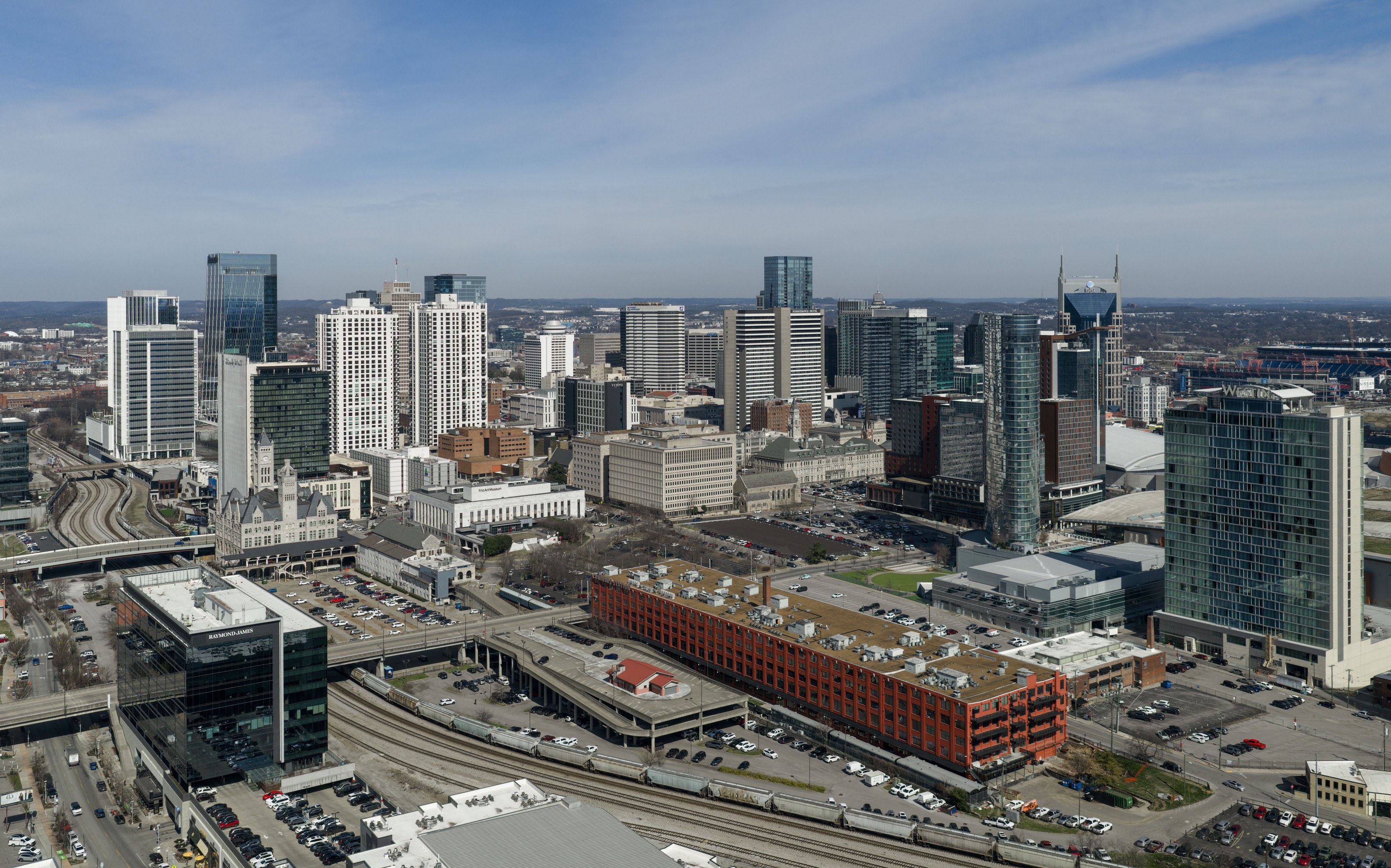 Downtown Nashville skyline over the Cumberland River.