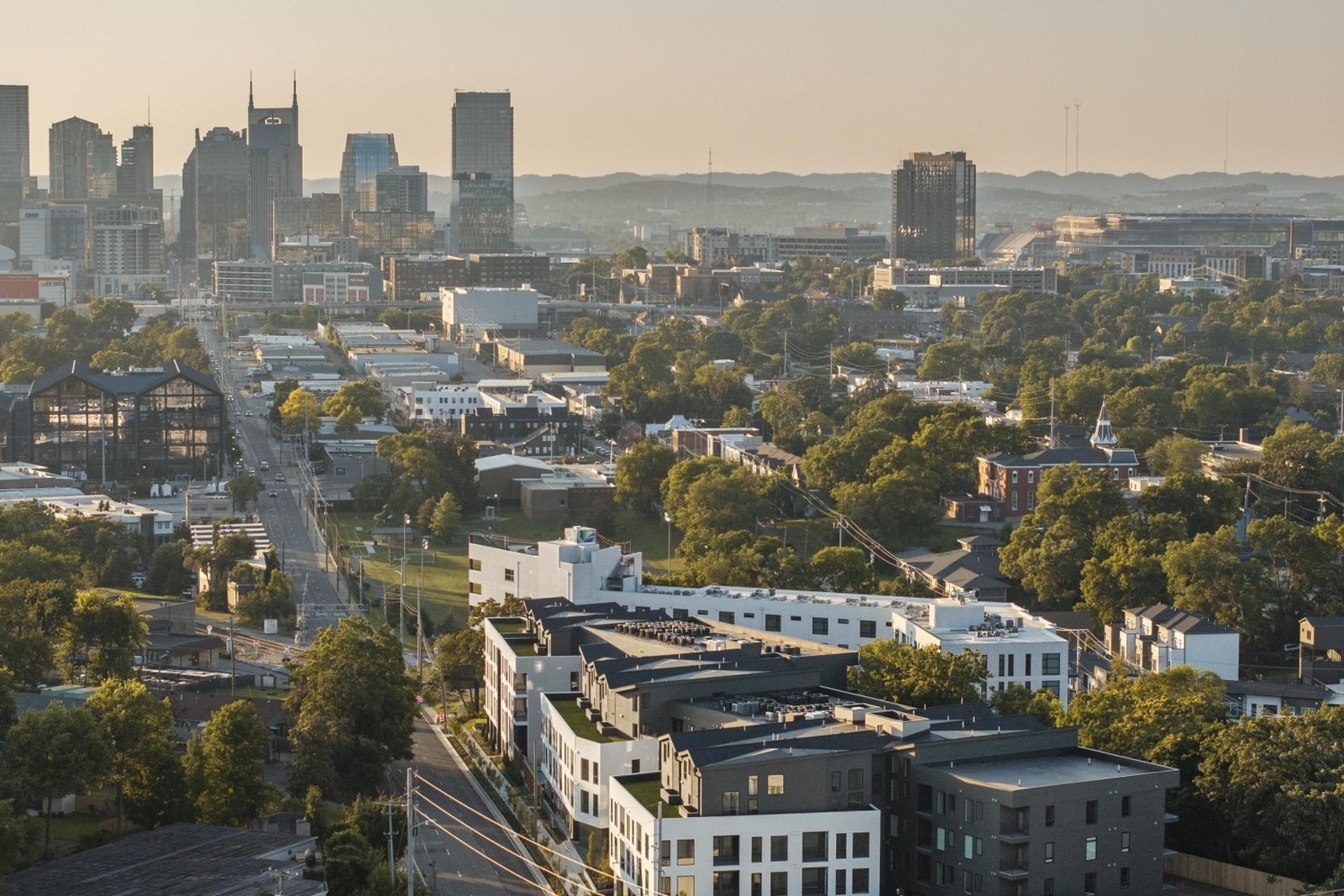 Golden-hour aerial of Nashville from Wedgewood-Houston.