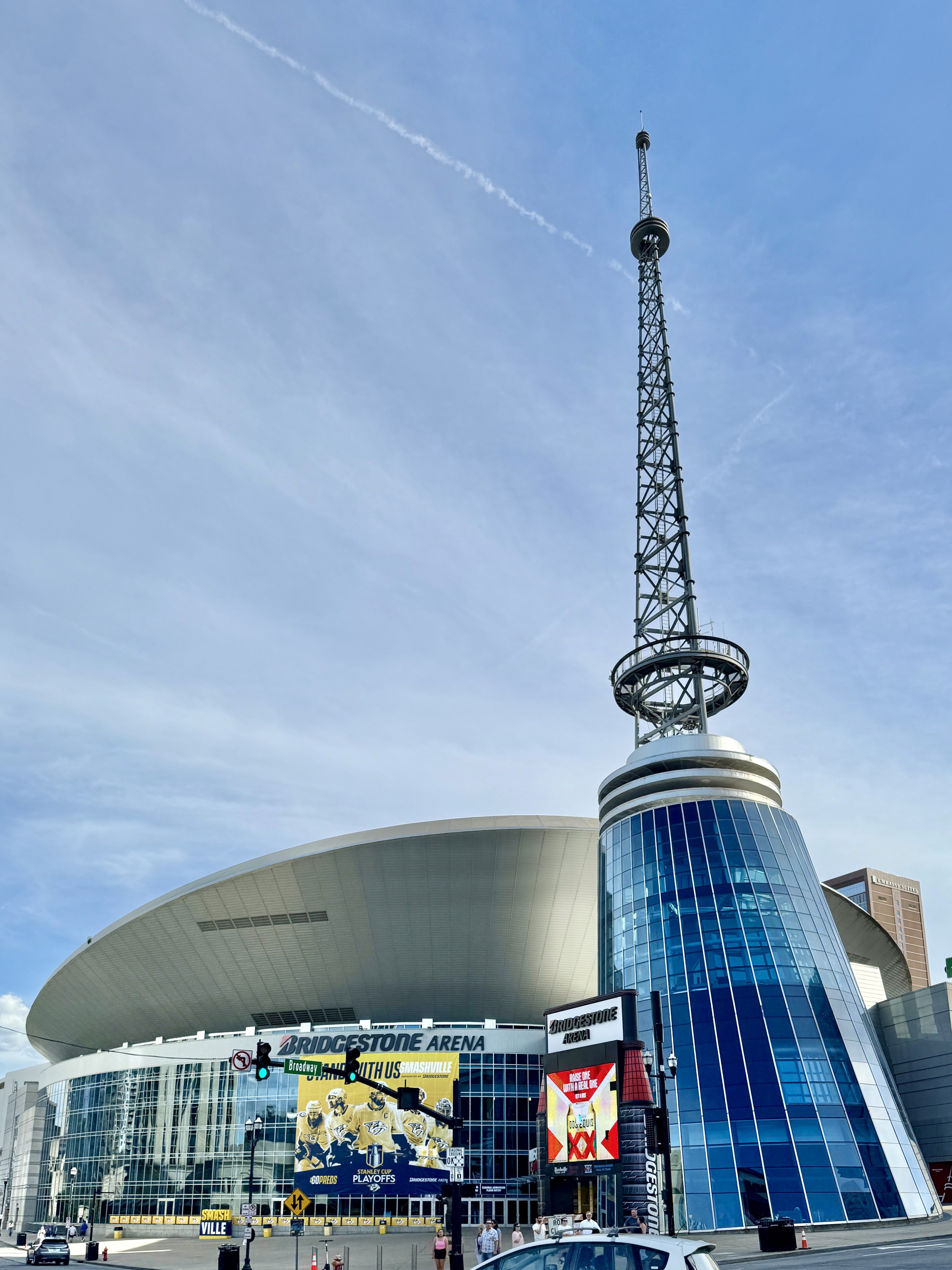 Bridgestone Arena and the Nashville Visitor Center on Broadway.