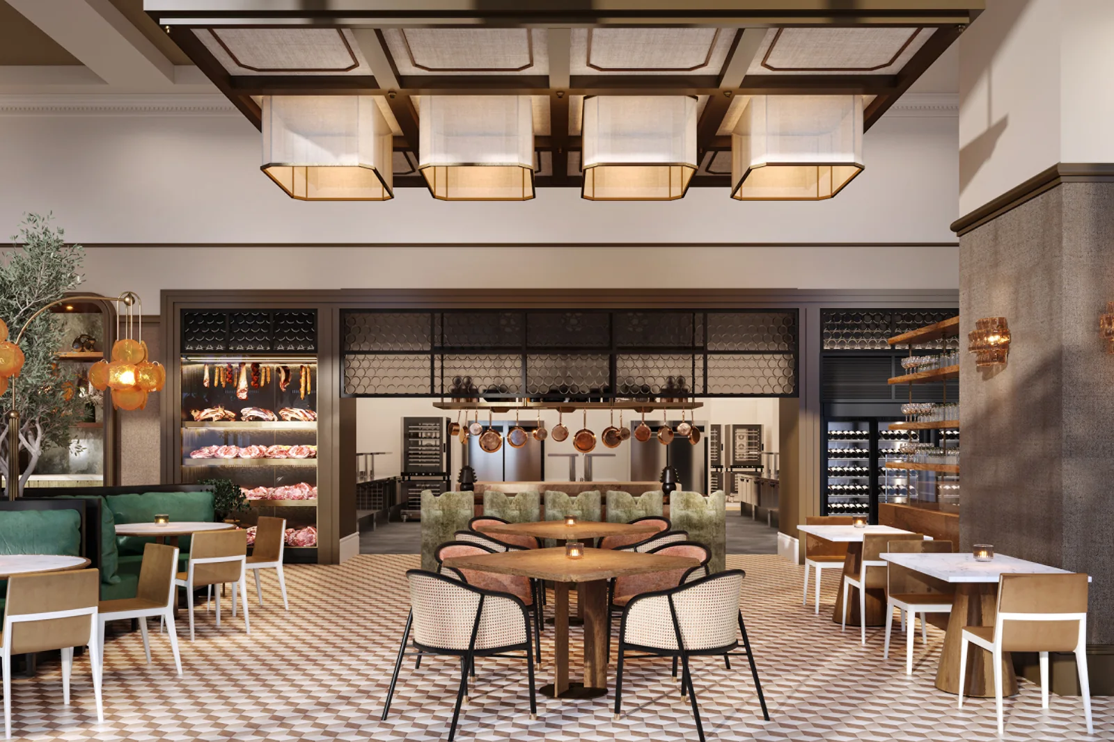 Bacco dining room with green banquettes, open kitchen, dry-aging cabinet, and patterned floor.